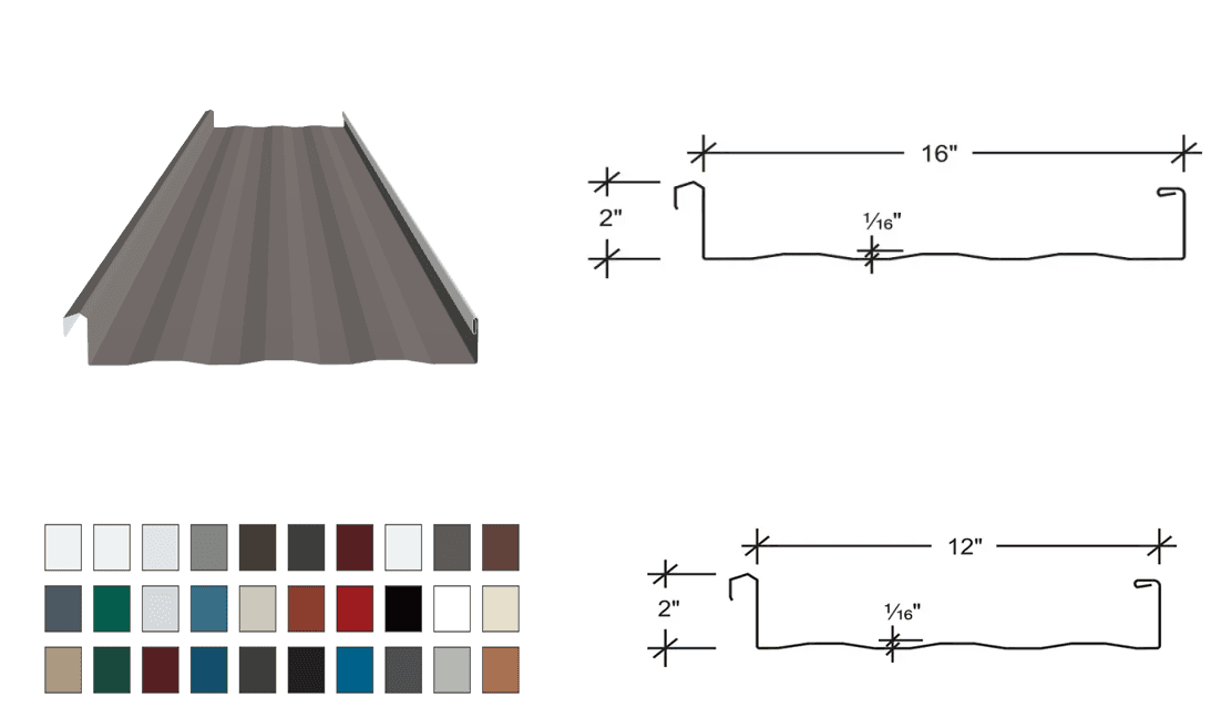 Illustration of standing seam metal roofing with measurements and various color options displayed.