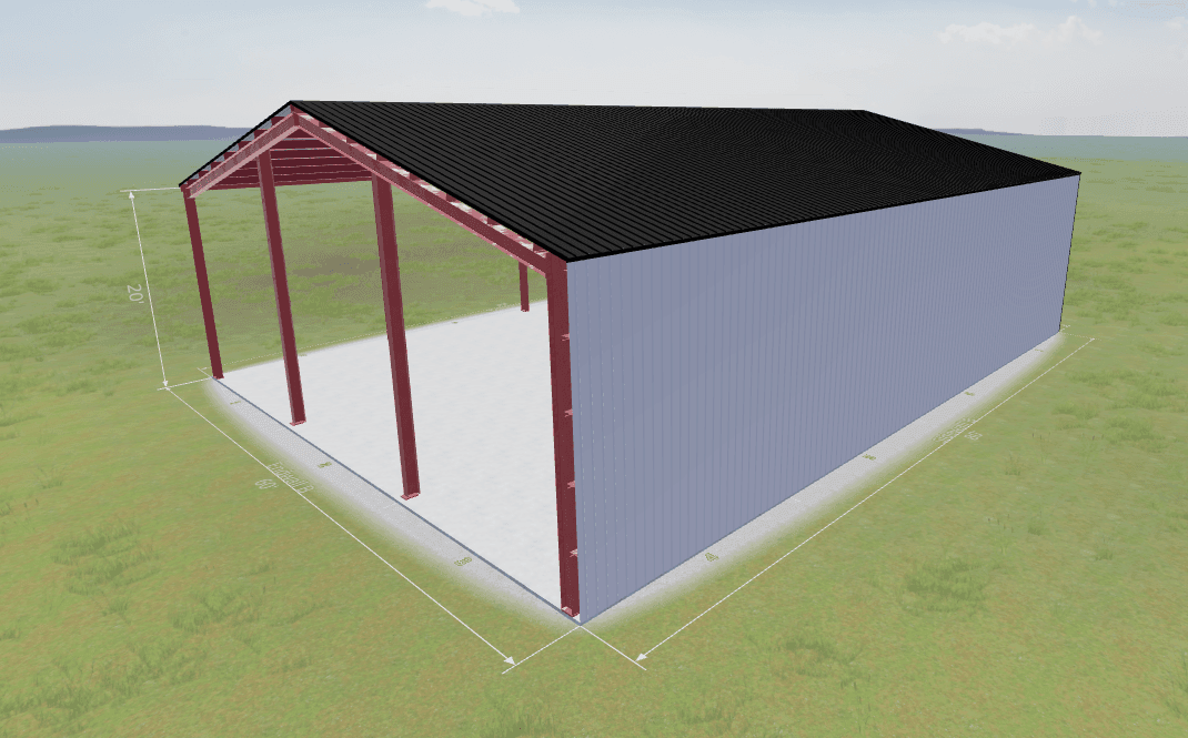 3D model of a rectangular open-fronted structure with red steel beams and a black roof.