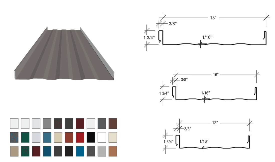 Metal panel with cross-section diagrams showing dimensions and color options below.