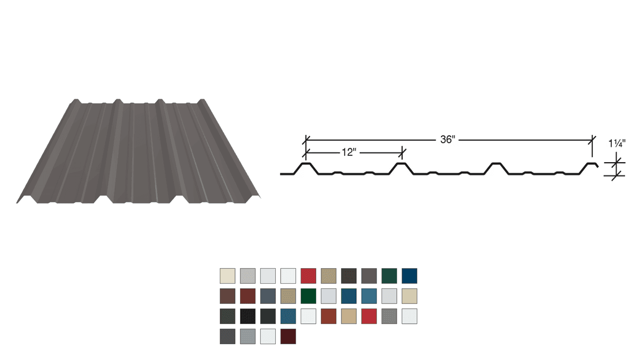 Diagram showing the dimensions of a corrugated metal roofing panel with color samples below.