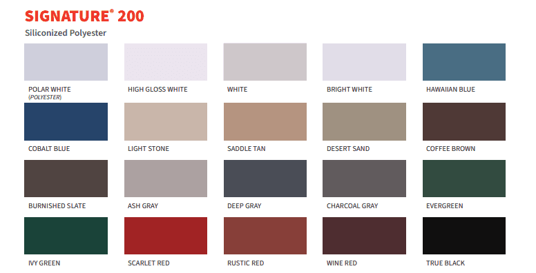 etal building color chart showing available wall and roof panel colors from Texas Metal Buildings, including Polar White, Hawaiian Blue, and Charcoal Gray.