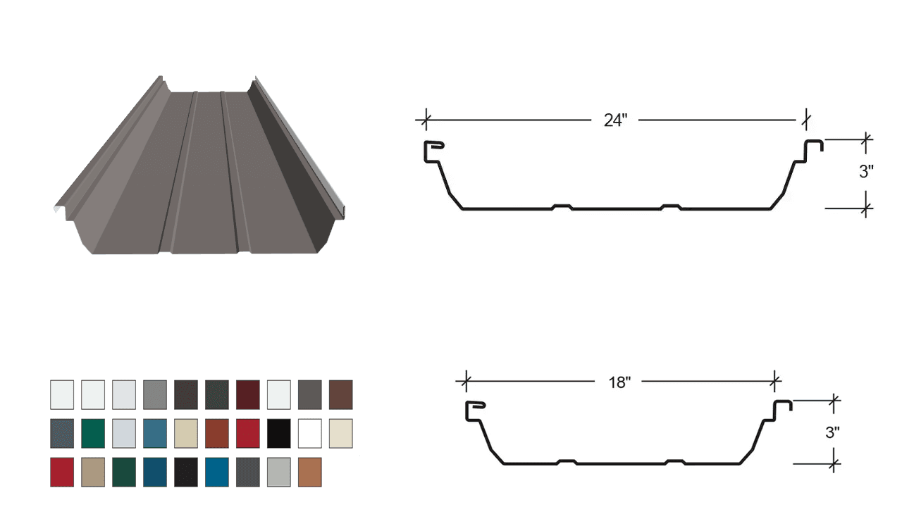 Illustration showing the profile and dimensions of metal roofing sheets along with different available color options.
