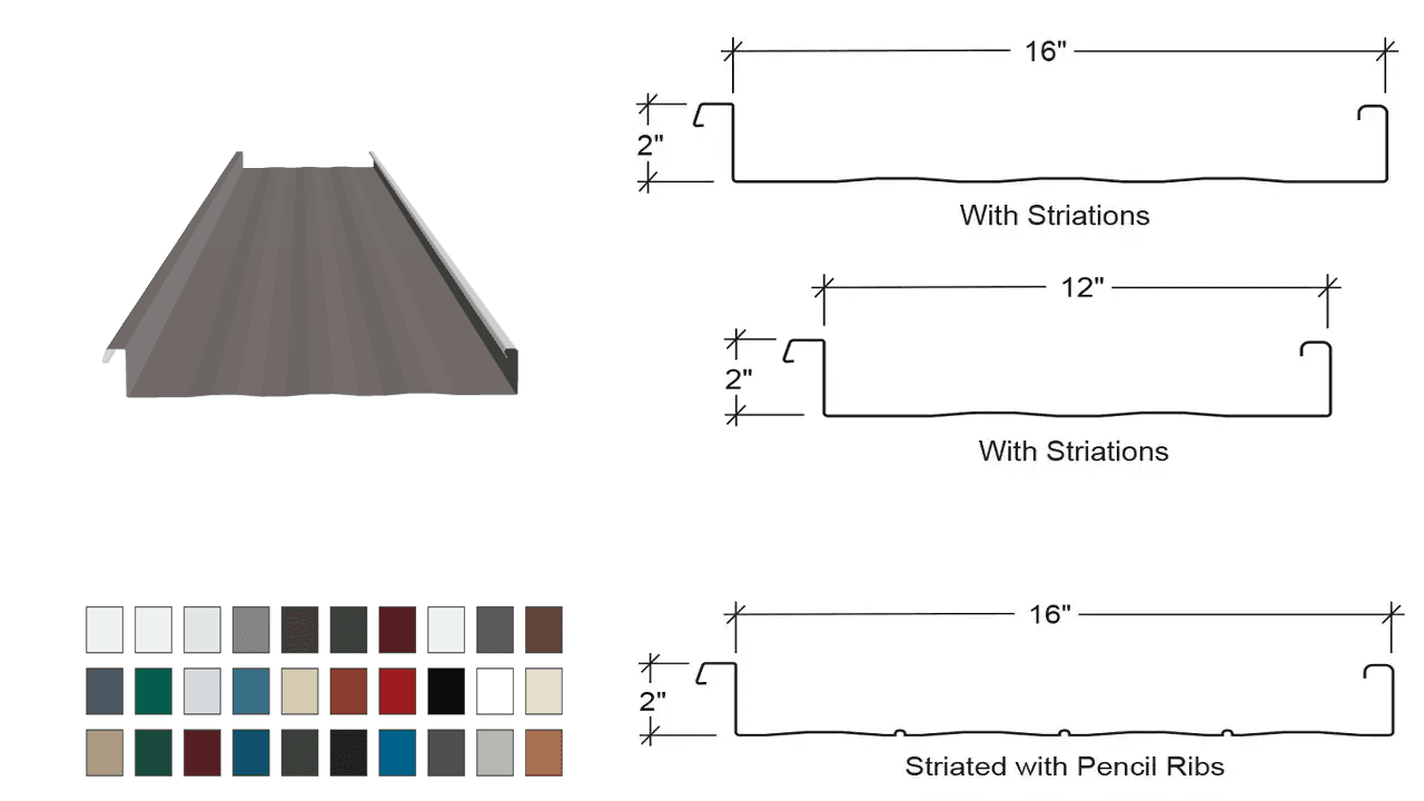 Illustration of metal roofing panel profiles with dimensions, striations, and color options.