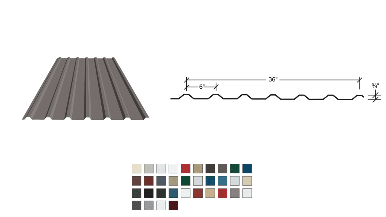 Corrugated metal sheet with profile dimensions and multiple color options displayed.