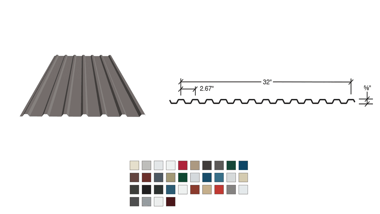 Illustration of ribbed metal roofing panel with dimensions and color options.