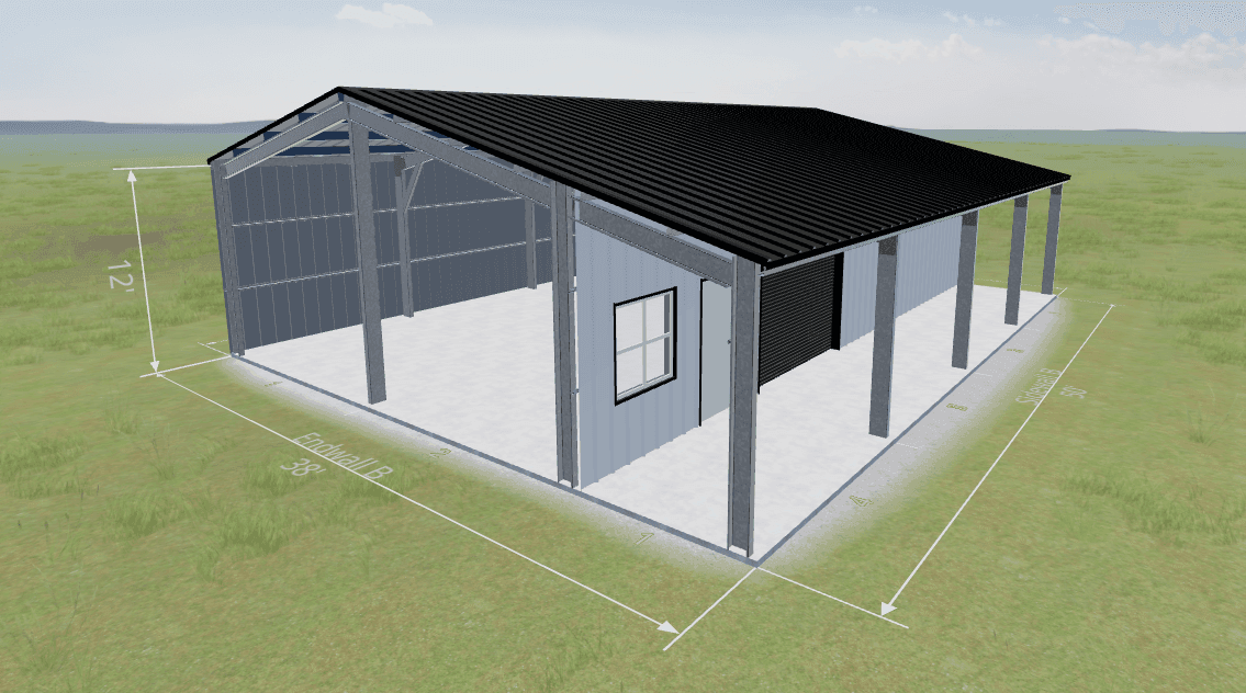 3D rendering of a metal barn structure with measurements in a grassy field.