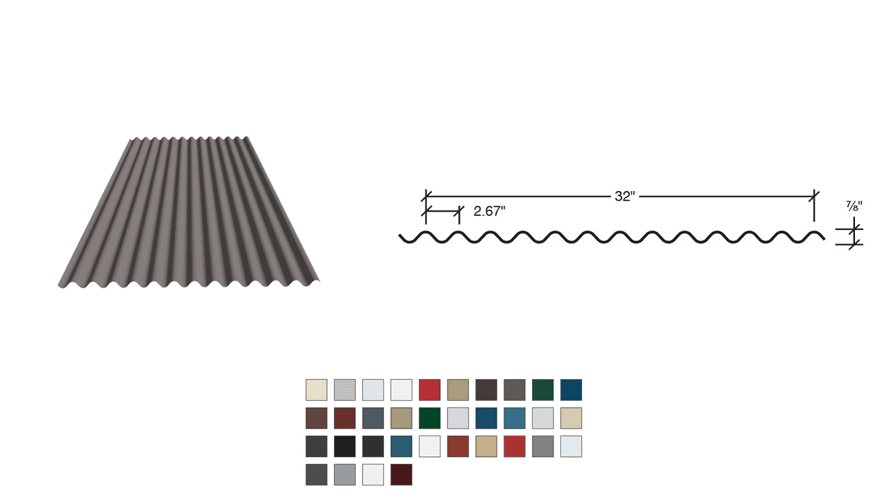 Corrugated metal sheet with dimensions and color options displayed below.