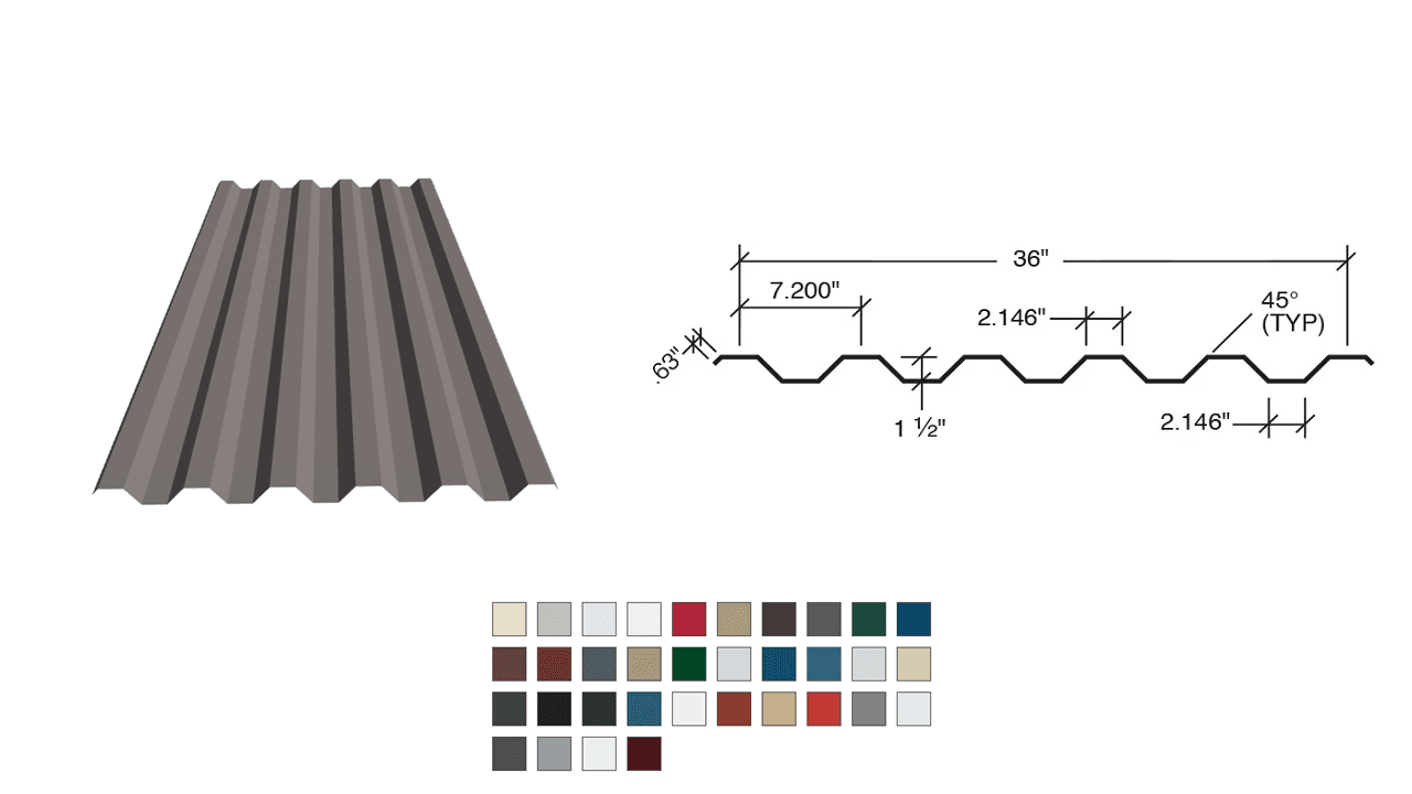 Illustration of corrugated sheet metal roofing with measurements and color options, showing dimensions and angles.