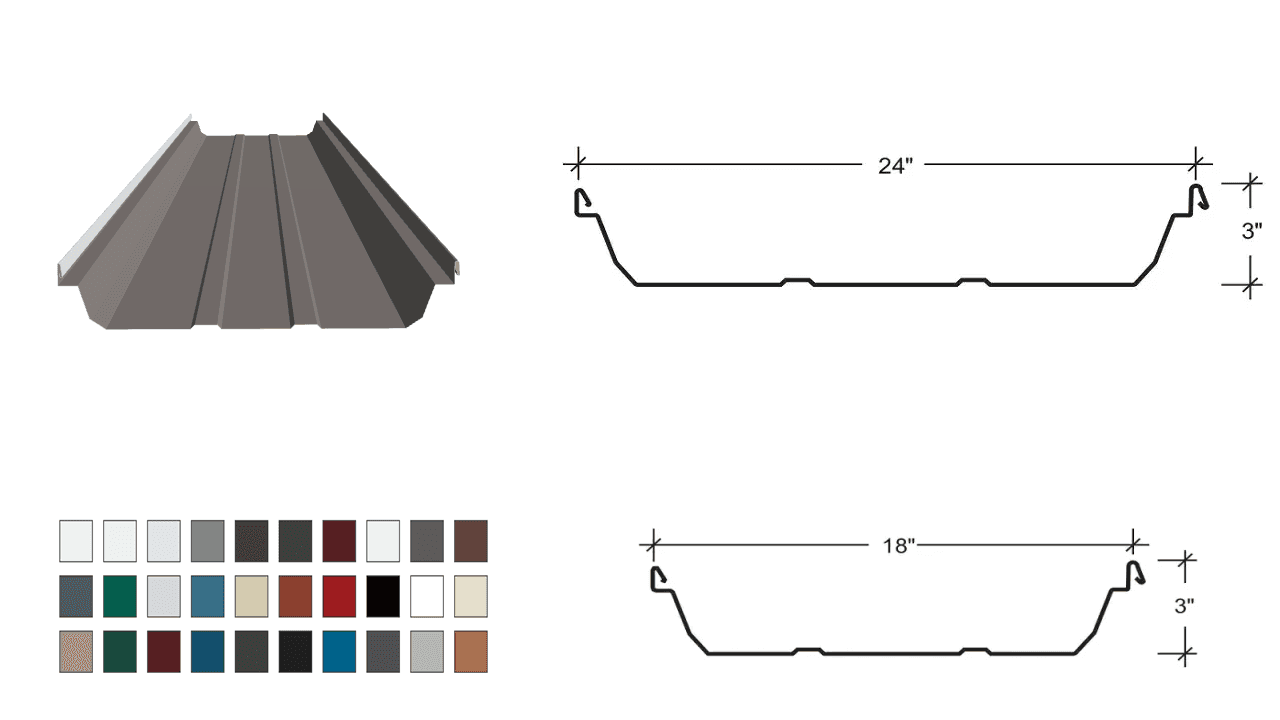 Industrial metal roofing panel with measurements and various color options displayed below.